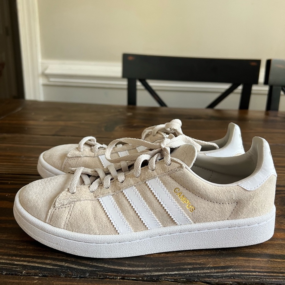 Adidas Cream Suede Sneakers with White Stripes